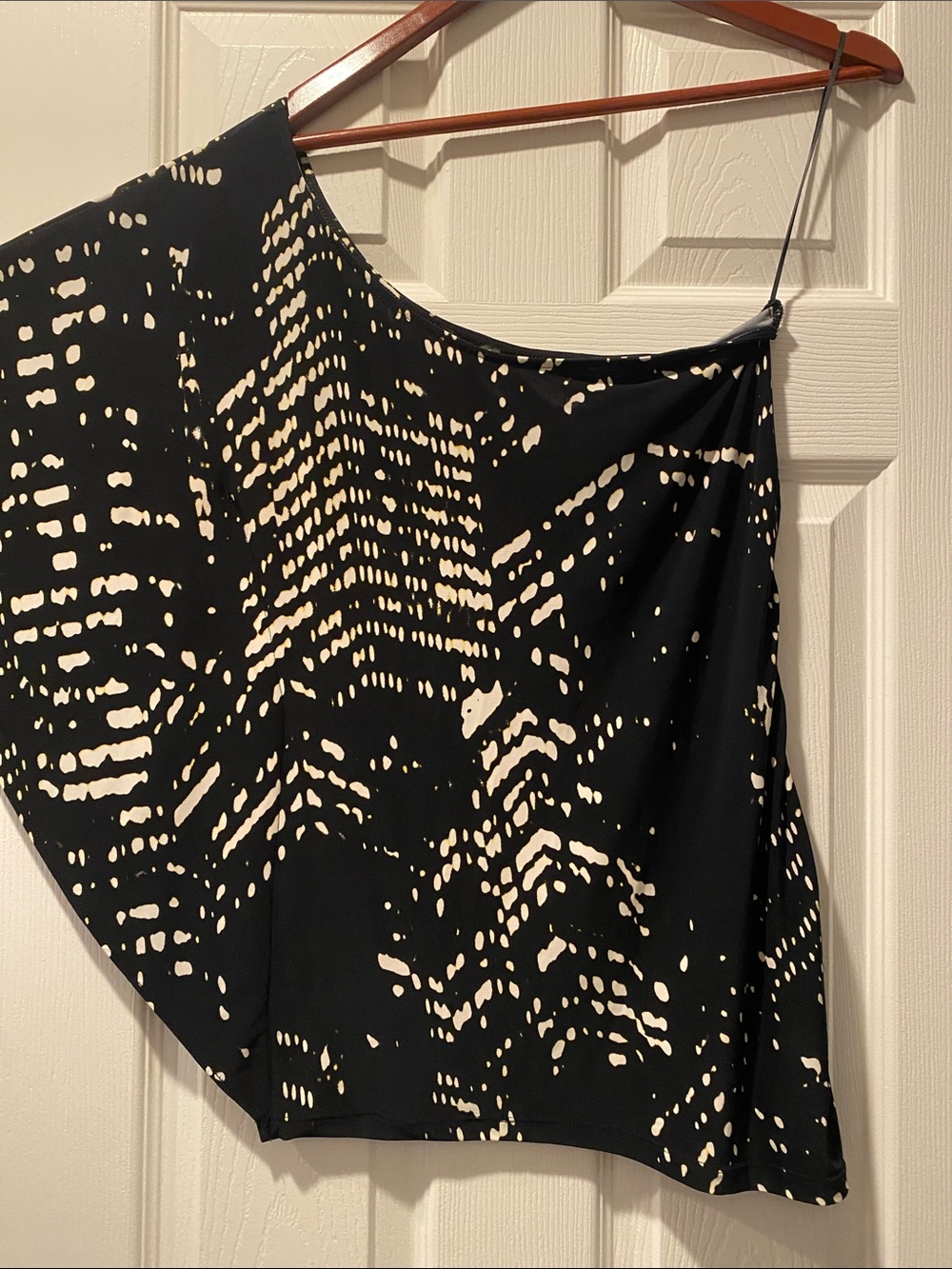 Express Black Asymmetrical Top with Cream Abstract Print
